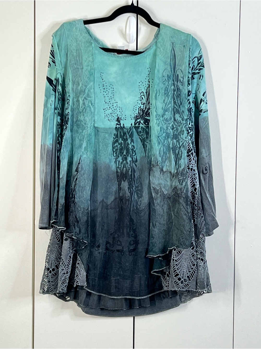 Kamana Large Whimsical Goth Fairy Layered Tunic Top XL Teal Gray Lace Boho